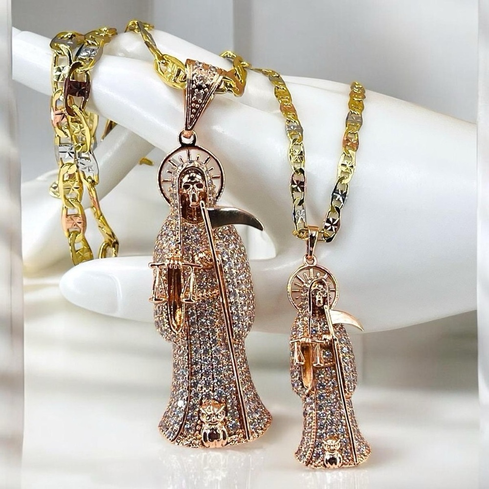Gold and Silver Santa Muerte Pendant Necklace with Crystal Embellishments
